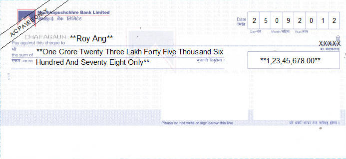 Printed Cheque of Everest Bank in Nepal