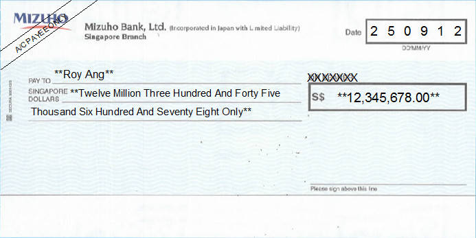 Printed Cheque of Mizuho Bank in Singapore Printed Cheque of Mizuho Bank in Singapore