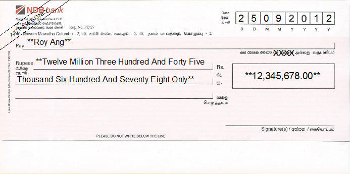 Printed Cheque of NDB Bank in Sri Lanka Printed Cheque of NDB Bank in Sri Lanka