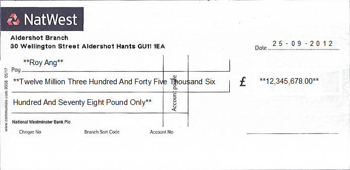 Printed Cheque of NatWest - Personal (National Westminster Bank) in United Kingdom Printed Cheque of NatWest - Personal (National Westminster Bank) in United Kingdom