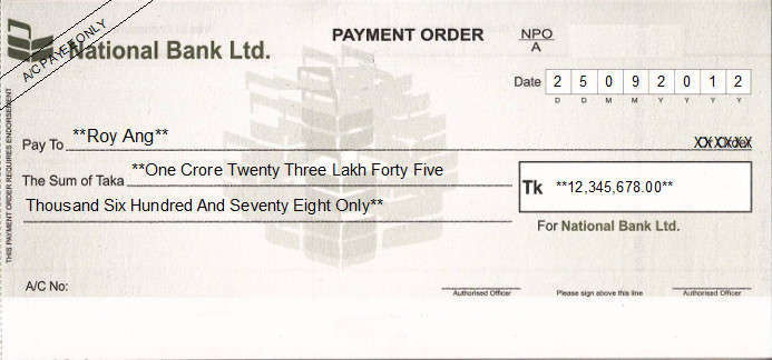 Printed Cheque of National Bank Ltd in Bangladesh Printed Cheque of National Bank Ltd in Bangladesh
