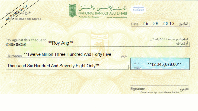 Printed Cheque of National Bank of Abu Dhabi UAE Printed Cheque of National Bank of Abu Dhabi UAE