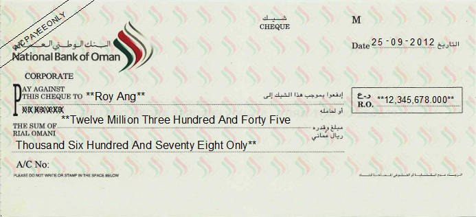 Printed Cheque of National Bank of Oman (NBO)