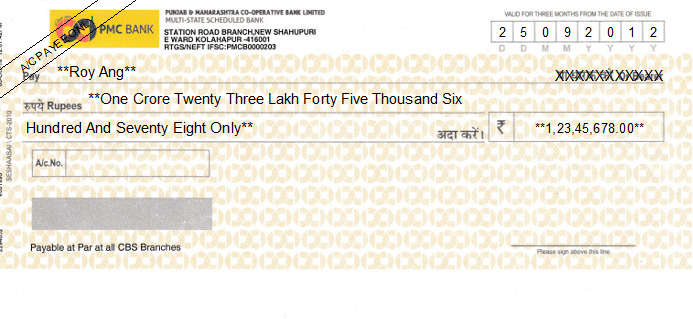 Printed Cheque of PMC Bank - Punjab & Maharashtra Co-operative Bank in India Printed Cheque of PMC Bank - Punjab & Maharashtra Co-operative Bank in India