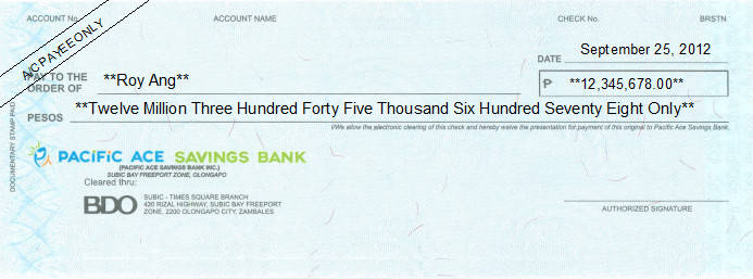 Printed Cheque of Pacific Ace Savings Bank (Personal) in Philippines Printed Cheque of Pacific Ace Savings Bank (Personal) in Philippines