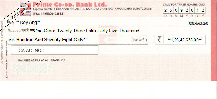 Printed Cheque of Prime Co-op. Bank in India Printed Cheque of Prime Co-op. Bank in India