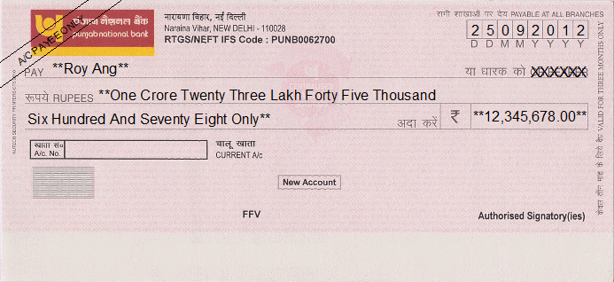 Printed Cheque of Punjab National Bank India Printed Cheque of Punjab National Bank India