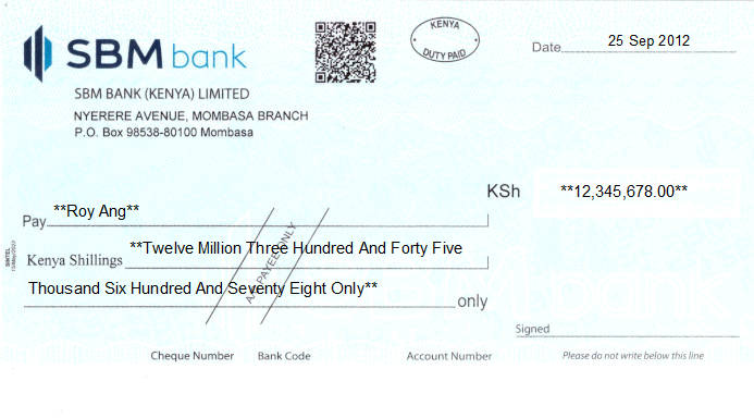 Printed Cheque of SBM Bank in Kenya Printed Cheque of SBM Bank in Kenya