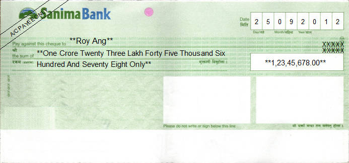 Printed Cheque of Sanima Bank in Nepal