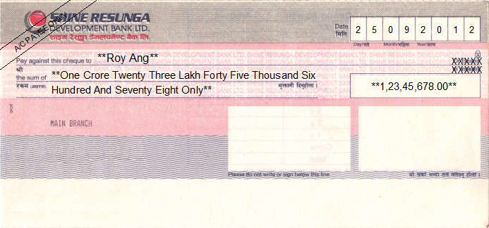 Printed Cheque of Shine Resunga Development Bank in Nepal