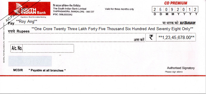 Printed Cheque of South Indian Bank (CD Premium) in India Printed Cheque of South Indian Bank (CD Premium) in India