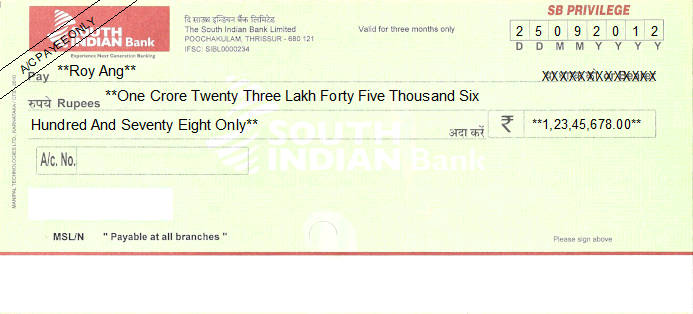 Printed Cheque of South Indian Bank (SB Privilege) in India Printed Cheque of South Indian Bank (SB Privilege) in India