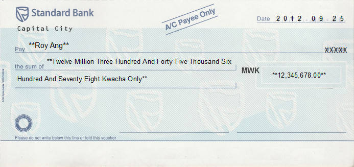 Printed Cheque of Standard Bank in Malawi Printed Cheque of Standard Bank in Malawi