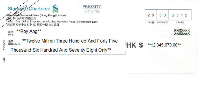 Printed Cheque of Standard Chartered Bank Priority Banking in Hong Kong (香港渣打銀行) Printed Cheque of Standard Chartered Bank Priority Banking in Hong Kong (香港渣打銀行)