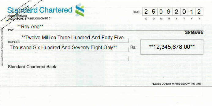 Printed Cheque of Standard Chartered Bank in Sri Lanka Printed Cheque of Standard Chartered Bank in Sri Lanka