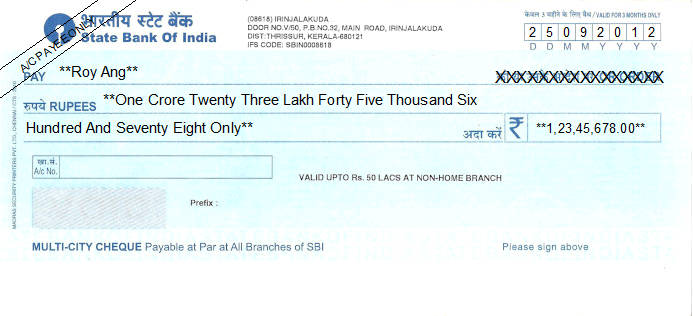 Printed Cheque of State Bank of India Printed Cheque of State Bank of India