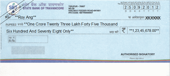 Printed Cheque of State Bank of Travancore India Printed Cheque of State Bank of Travancore India