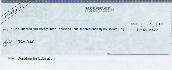 Printed Cheque of Synergy Credit Union in Canada Printed Cheque of Synergy Credit Union in Canada