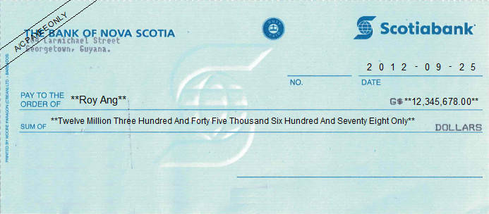 Printed Cheque of The Bank of Nova Scotia in Guyana Printed Cheque of The Bank of Nova Scotia in Guyana