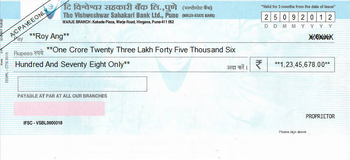 Printed Cheque of The Vishweshwar Sahakari Bank in India Printed Cheque of The Vishweshwar Sahakari Bank in India