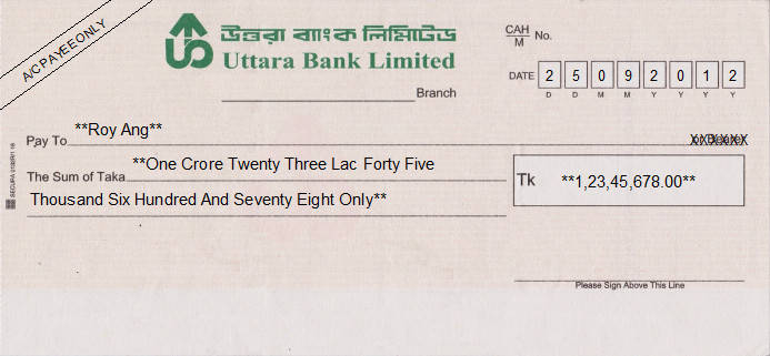 Printed Cheque of Uttara Bank in Bangladesh Printed Cheque of Uttara Bank in Bangladesh