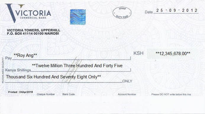 Printed Cheque of Victoria Commercial Bank in Kenya Printed Cheque of Victoria Commercial Bank in Kenya