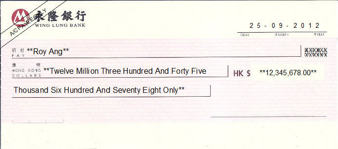 Printed Cheque of Wing Lung Bank in Hong Kong (永隆銀行) Printed Cheque of Wing Lung Bank in Hong Kong (永隆銀行)