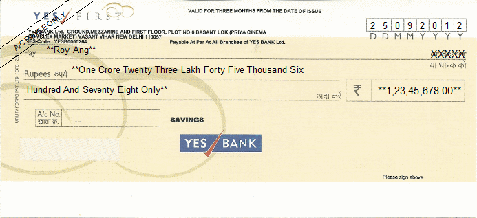 Printed Cheque of YES Bank - First Savings in India Printed Cheque of YES Bank - First Savings in India