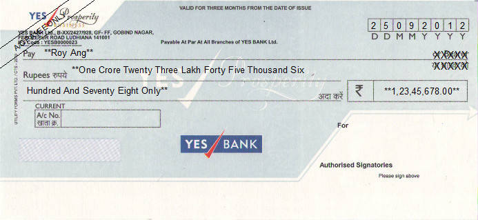 Printed Cheque of YES Bank - Prosperity Business in India Printed Cheque of YES Bank - Prosperity Business in India