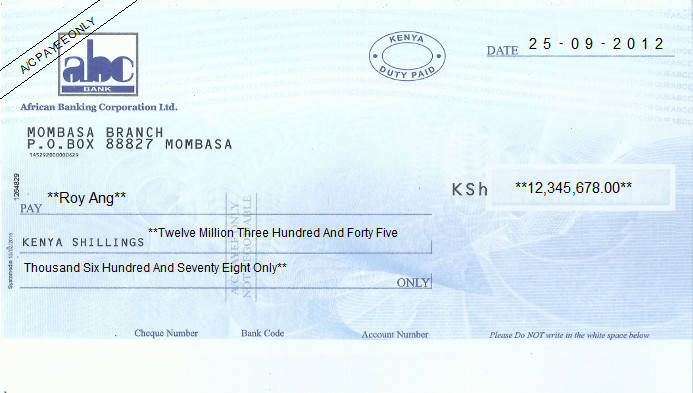 Printed Cheque of ABC Bank - African Banking Corporation in Kenya Printed Cheque of ABC Bank - African Banking Corporation in Kenya