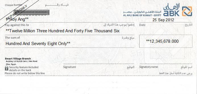 Printed Cheque of Al Ahli Bank of Kuwait - Egypt (ABK) in Egypt Printed Cheque of Al Ahli Bank of Kuwait - Egypt (ABK) in Egypt