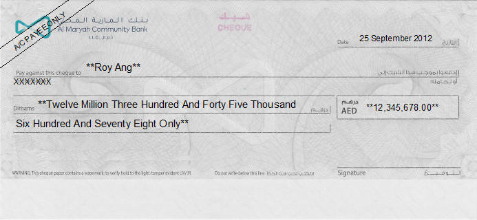 Printed Cheque of Al Maryah Community Bank in UAE Printed Cheque of Al Maryah Community Bank in UAE