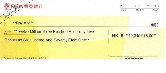 Printed Cheque of BEA Bank - Corporate Hong Kong (東亞銀行) Printed Cheque of BEA Bank - Corporate Hong Kong (東亞銀行)