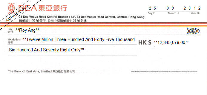 Printed Cheque of BEA Bank - SupremeGold Hong Kong (東亞銀行) Printed Cheque of BEA Bank - SupremeGold Hong Kong (東亞銀行)