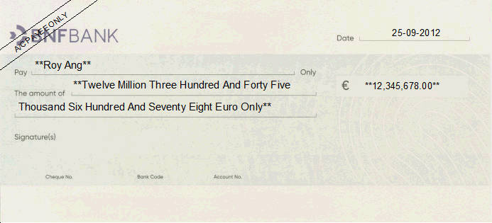 Printed Cheque of BNF Bank in Malta