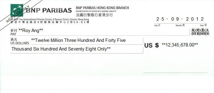 Printed Cheque of BNP Paribas (USD) - 法國巴黎銀行 in Hong Kong Printed Cheque of BNP Paribas (USD) - 法國巴黎銀行 in Hong Kong