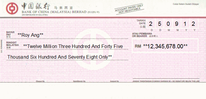 Printed Cheque of Bank of China in Malaysia Printed Cheque of Bank of China in Malaysia