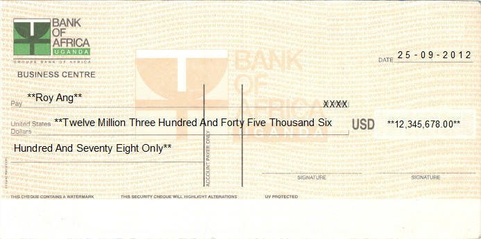Printed Cheque of Bank of Africa (USD) in Uganda Printed Cheque of Bank of Africa (USD) in Uganda