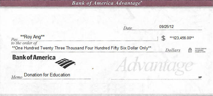 Printed Check of Bank of America (Advantage) in United States Printed Check of Bank of America (Advantage) in United States