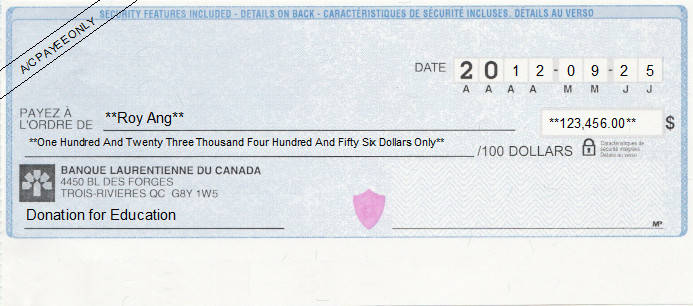 Printed Cheque of Banque Laurentienne du Canada in Canada Printed Cheque of Banque Laurentienne du Canada in Canada
