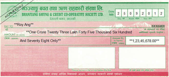 Printed Cheque of Bhanjyang Saving & Credit Cooperative Society in Nepal