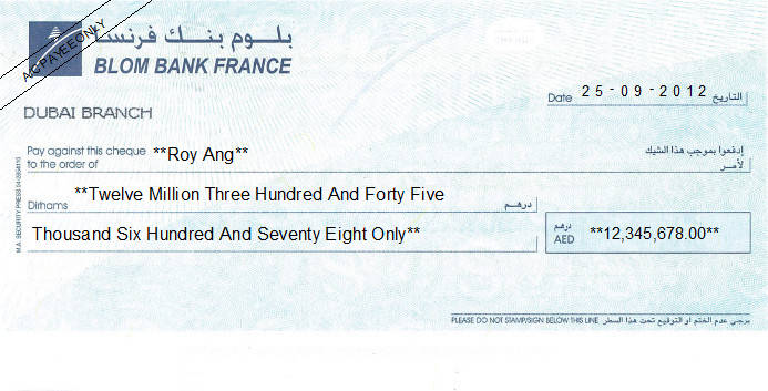 Printed Cheque of Blom Bank France in UAE Printed Cheque of Blom Bank France in UAE