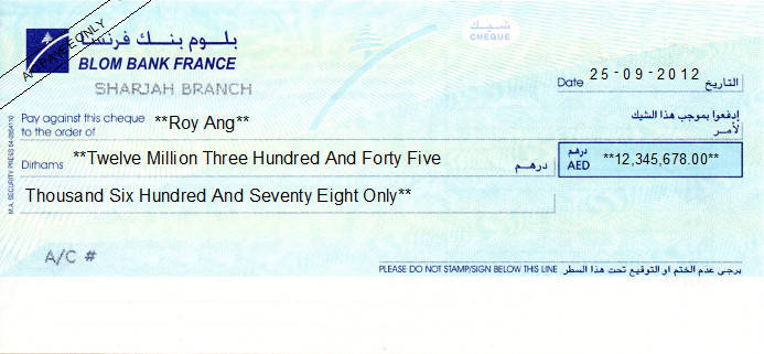 Printed Cheque of Blom Bank France (Personal) in UAE Printed Cheque of Blom Bank France (Personal) in UAE