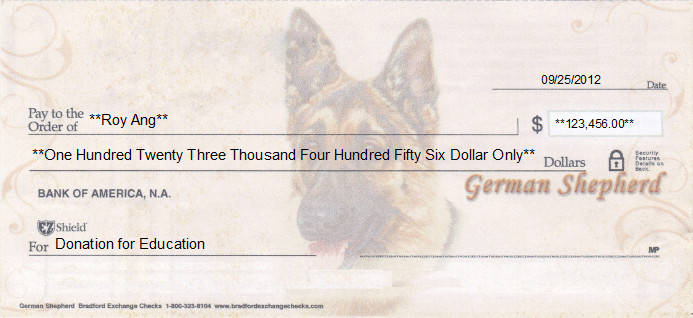 Printed Check of Bradford Exchange Checks (German Shepherd) Check in United States Printed Check of Bradford Exchange Checks (German Shepherd) Check in United States
