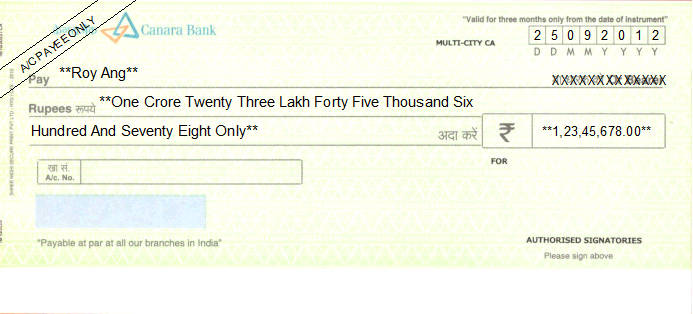 Printed Cheque of Canara Bank India Printed Cheque of Canara Bank India