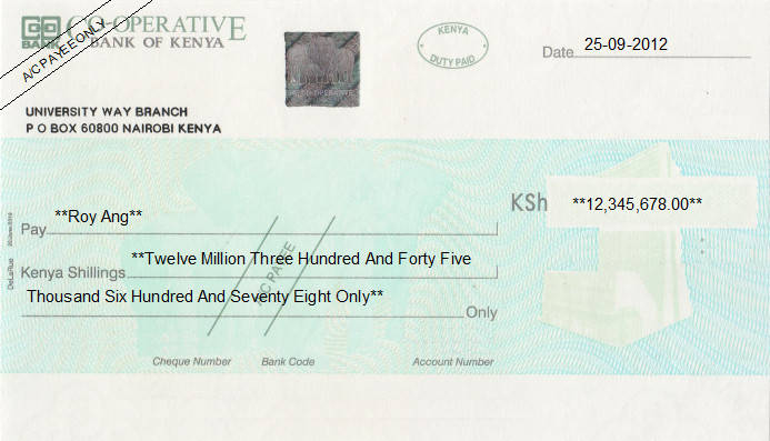 Printed Cheque of Co-operative Bank of Kenya Printed Cheque of Co-operative Bank of Kenya