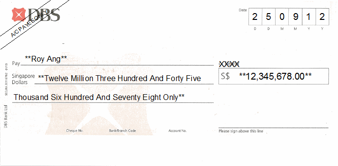Printed Cheque of DBS Bank Singapore