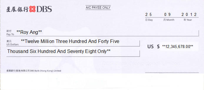 Printed Cheque of DBS Bank (USD) in Hong Kong (香港星展銀行) Printed Cheque of DBS Bank (USD) in Hong Kong (香港星展銀行)