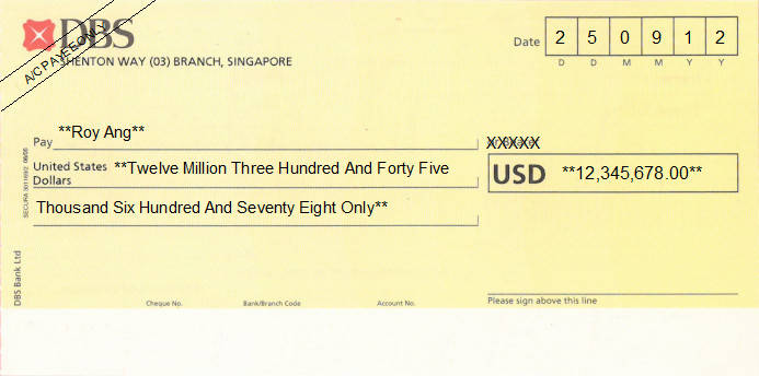 Printed Cheque of DBS Bank (USD) Singapore Printed Cheque of DBS Bank (USD) Singapore