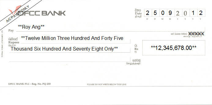 Printed Cheque of DFCC Bank in Sri Lanka Printed Cheque of DFCC Bank in Sri Lanka